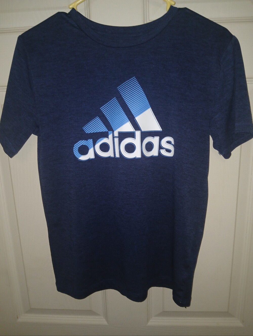 Women Adidas Navy Blue Tee with Light Blue & White Logo Med 10-12